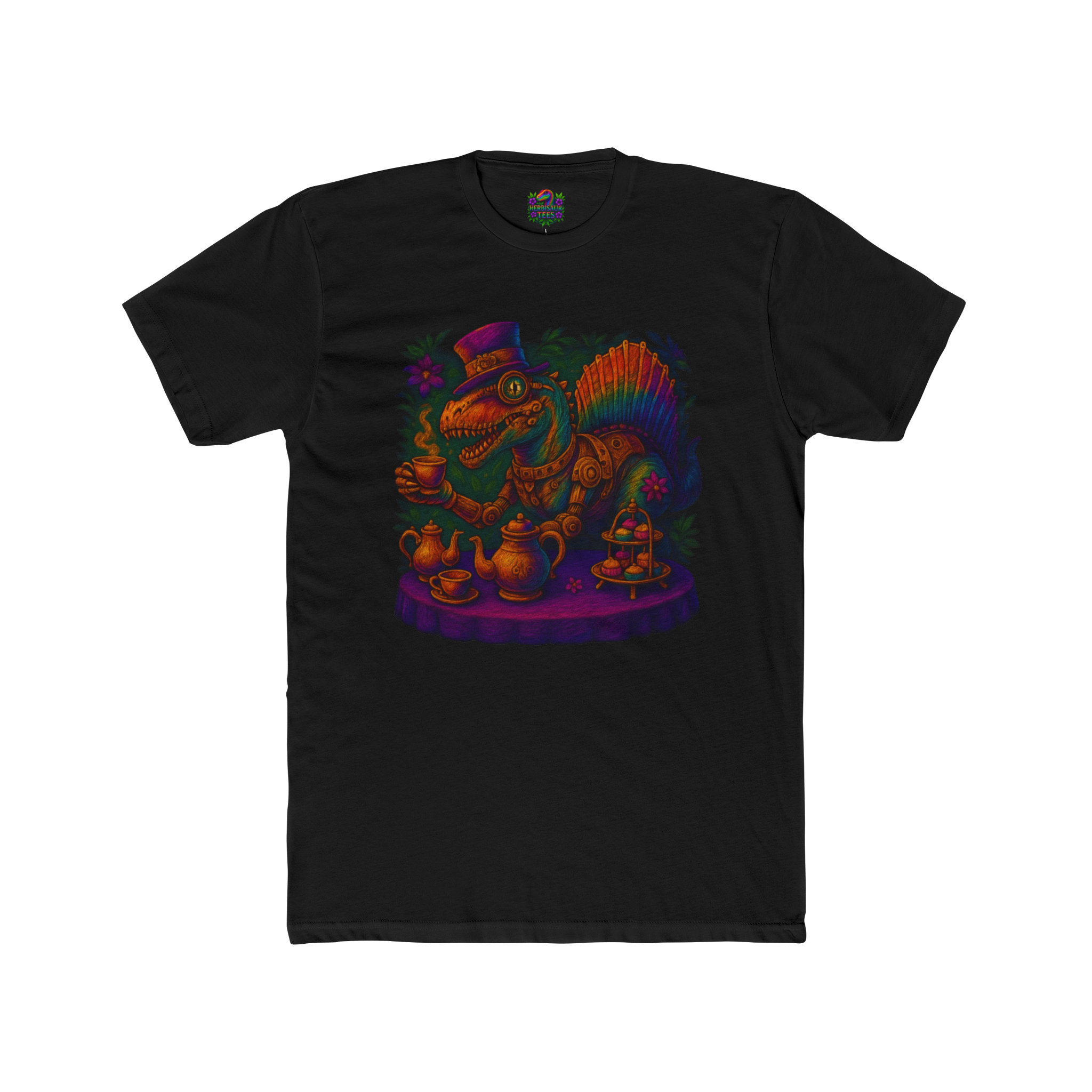 Rainbow Steampunk Spinosaurus Tea Party Tee | Next Level 3600 Unisex Cotton Tee