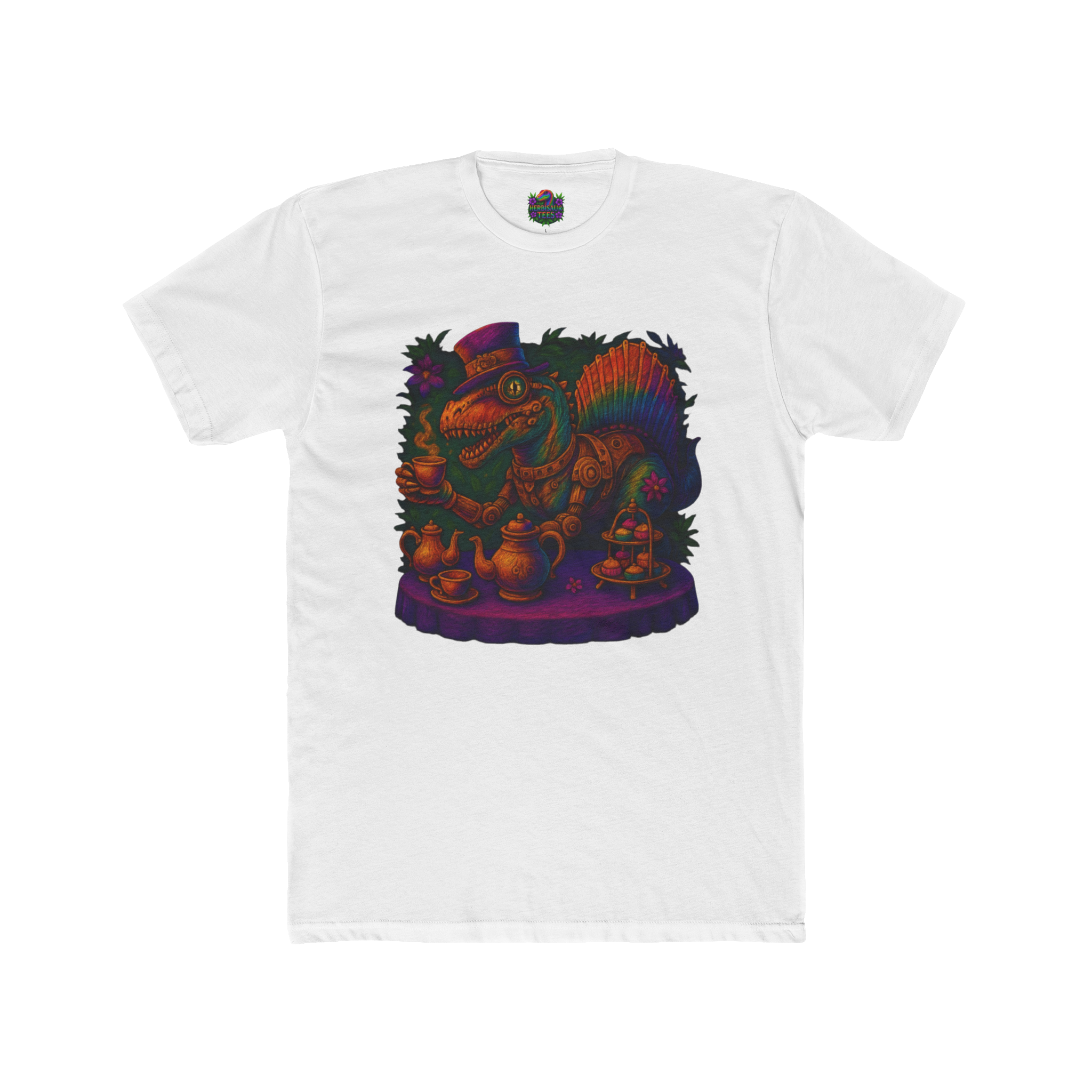 Rainbow Steampunk Spinosaurus Tea Party Tee | Next Level 3600 Unisex Cotton Tee
