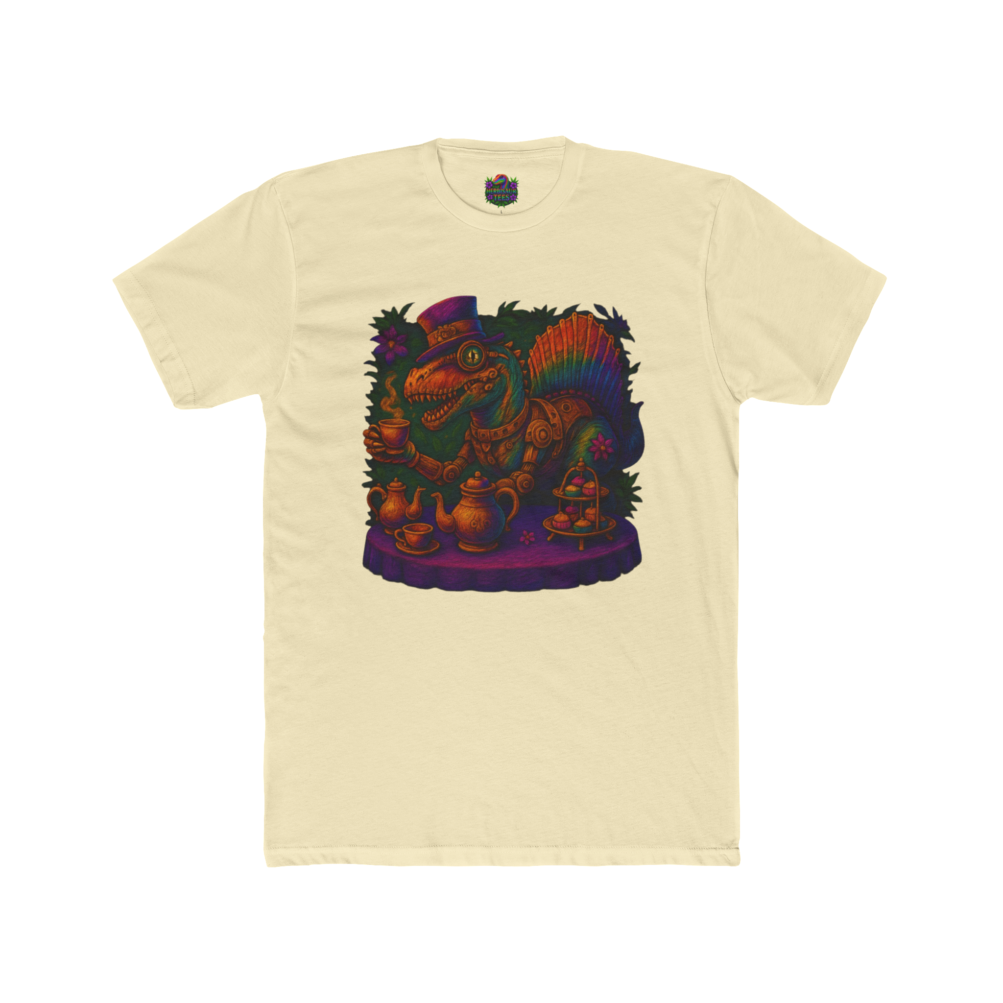 Rainbow Steampunk Spinosaurus Tea Party Tee | Next Level 3600 Unisex Cotton Tee