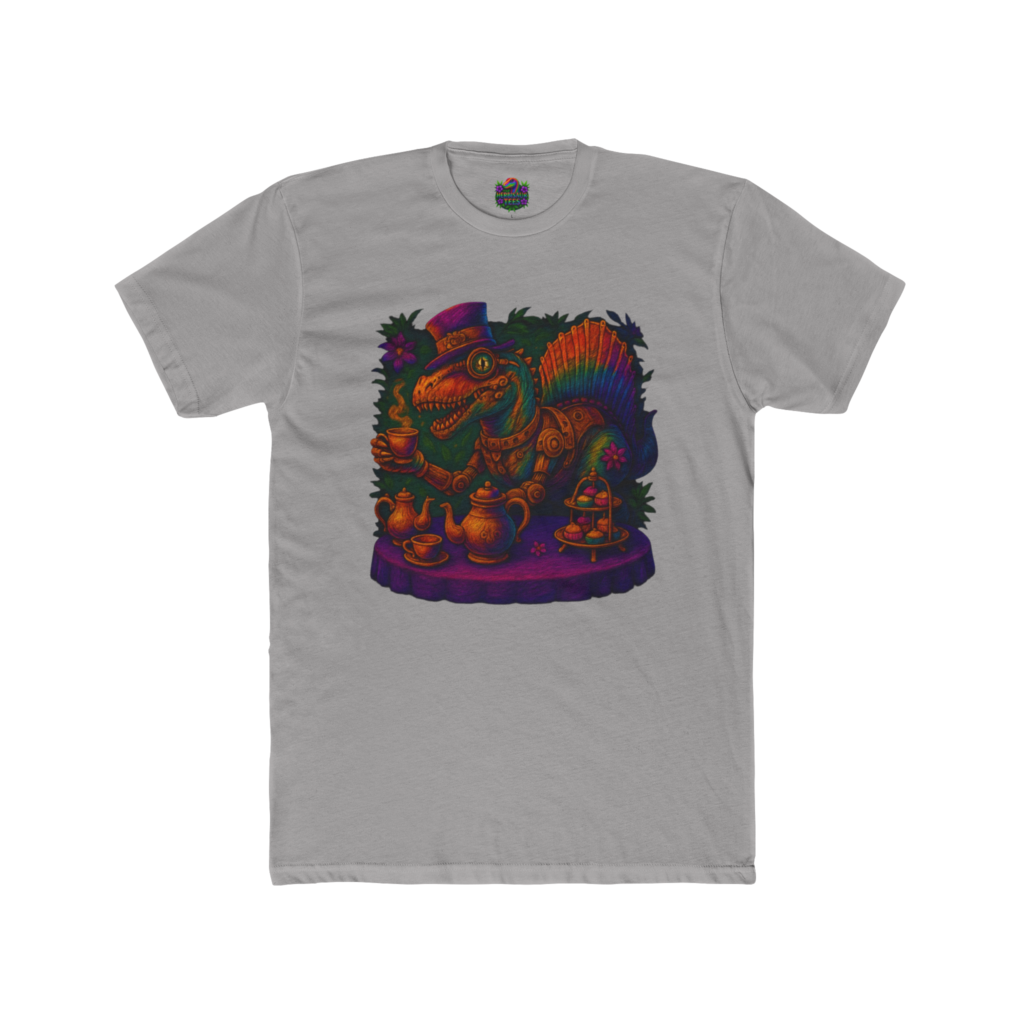 Rainbow Steampunk Spinosaurus Tea Party Tee | Next Level 3600 Unisex Cotton Tee