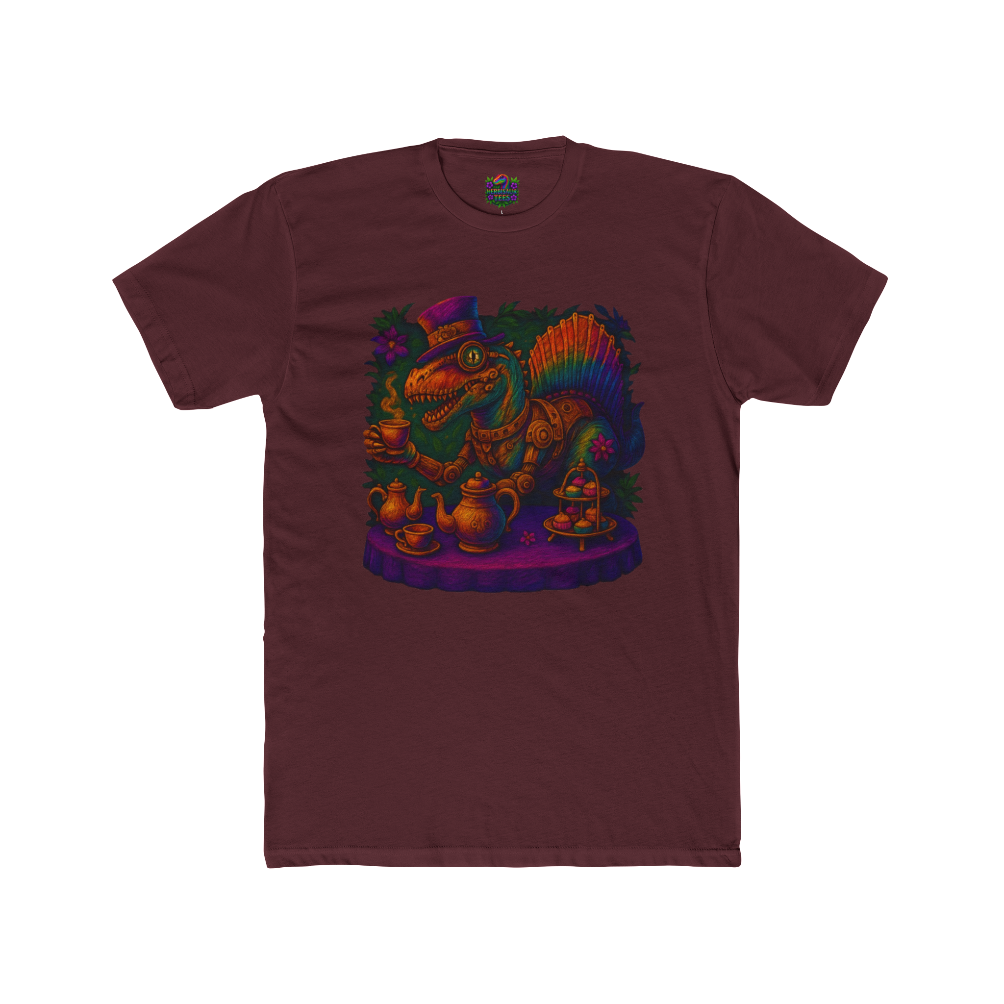 Rainbow Steampunk Spinosaurus Tea Party Tee | Next Level 3600 Unisex Cotton Tee
