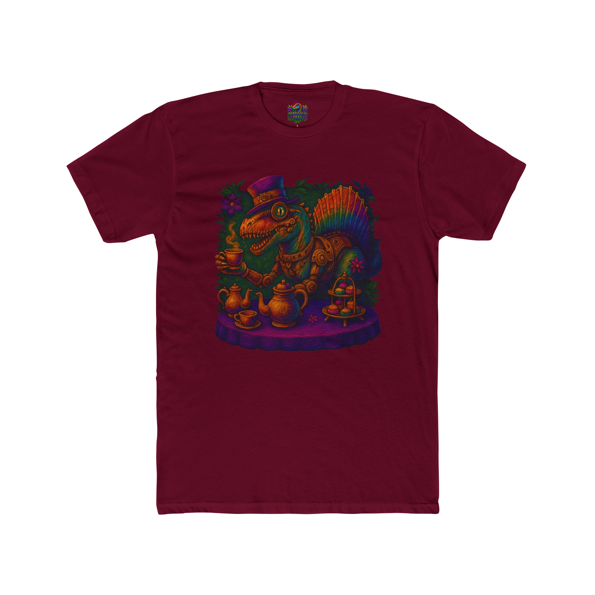 Rainbow Steampunk Spinosaurus Tea Party Tee | Next Level 3600 Unisex Cotton Tee
