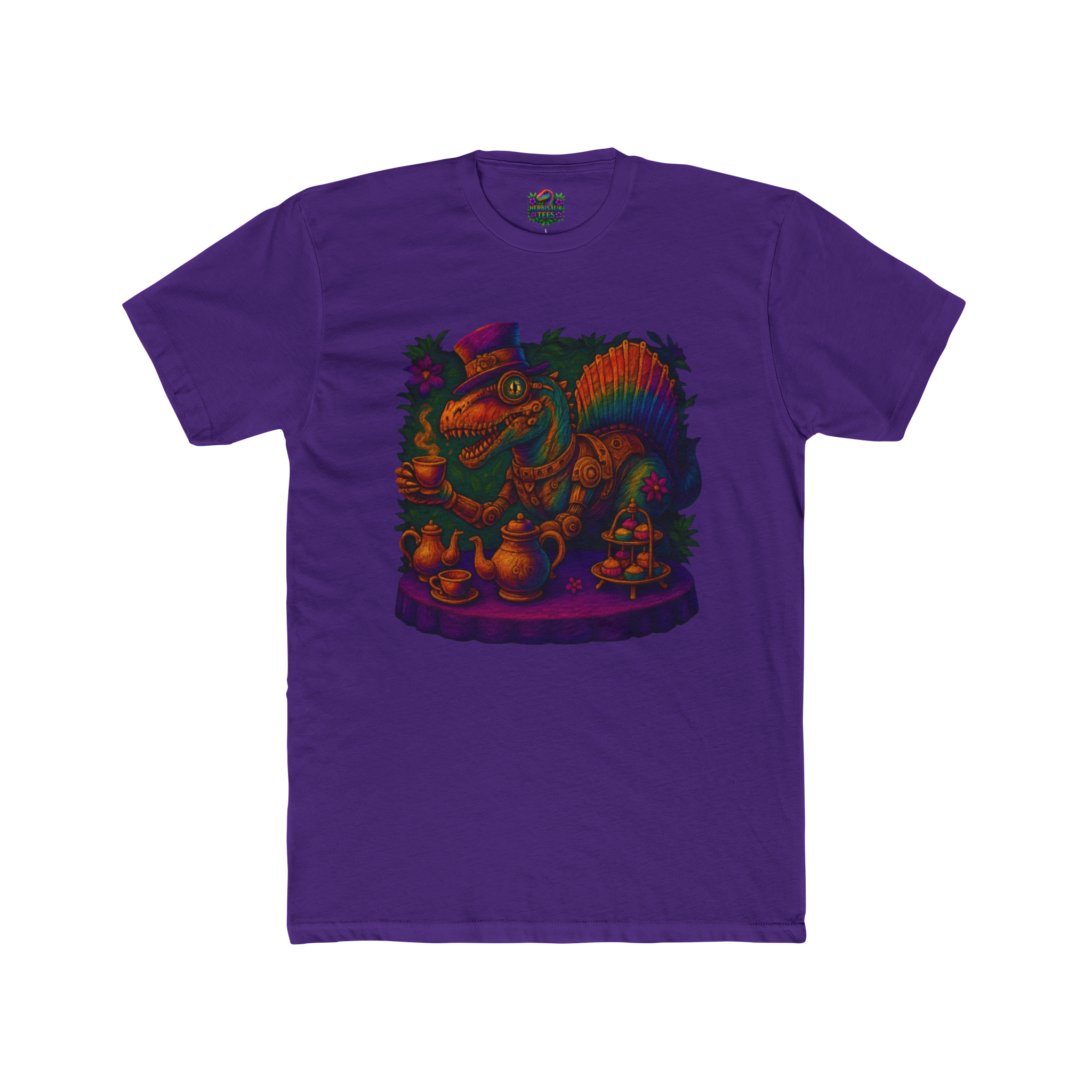 Rainbow Steampunk Spinosaurus Tea Party Tee | Next Level 3600 Unisex Cotton Tee