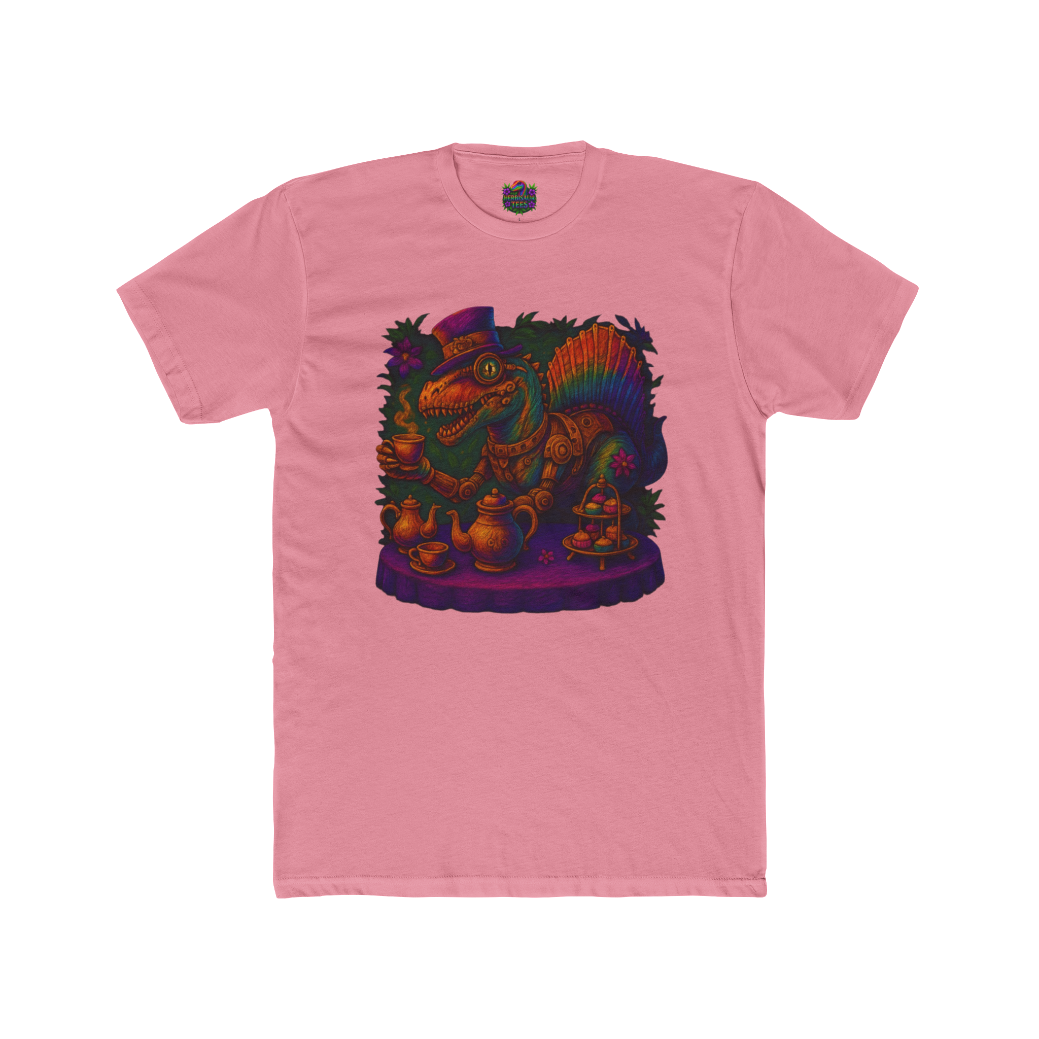 Rainbow Steampunk Spinosaurus Tea Party Tee | Next Level 3600 Unisex Cotton Tee