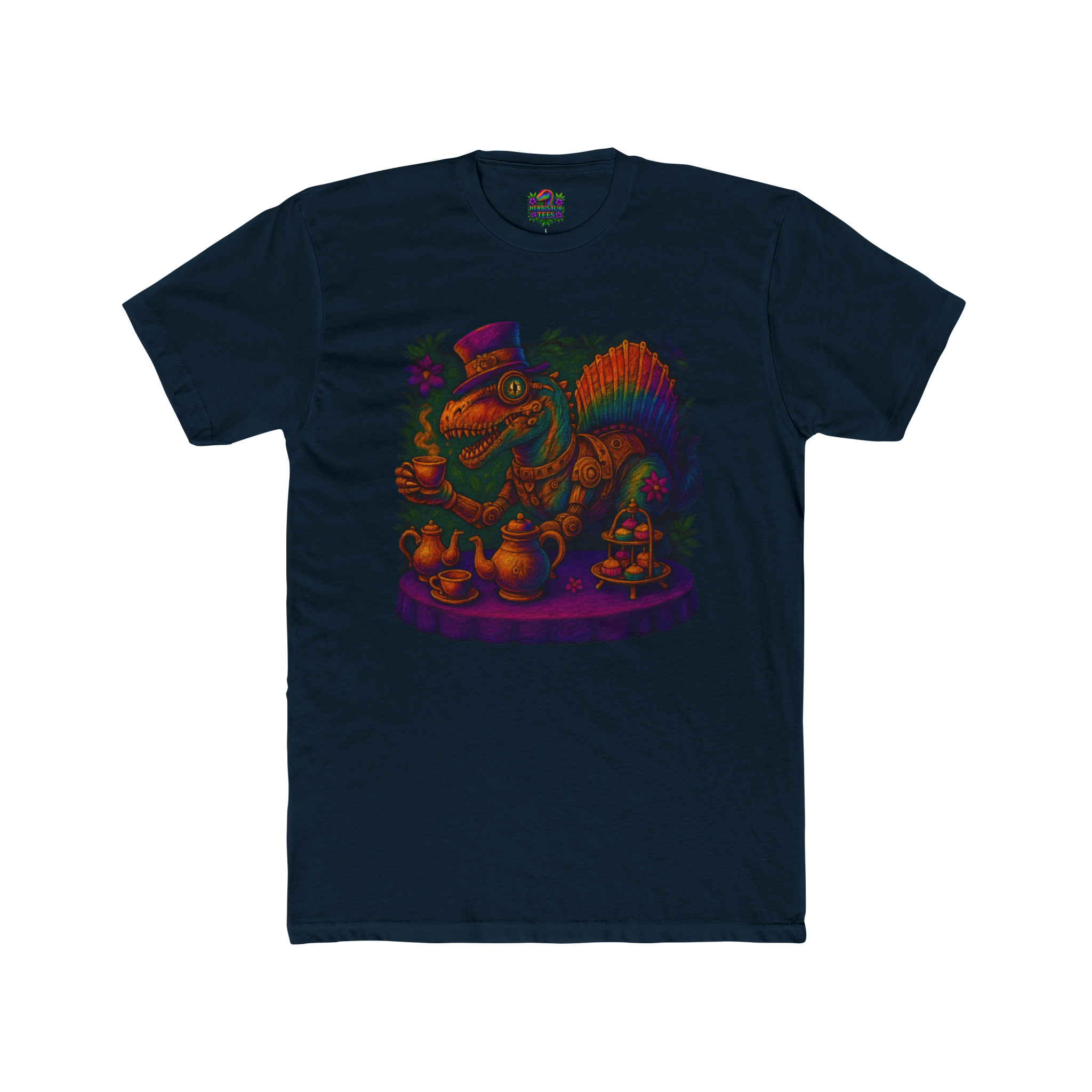 Rainbow Steampunk Spinosaurus Tea Party Tee | Next Level 3600 Unisex Cotton Tee