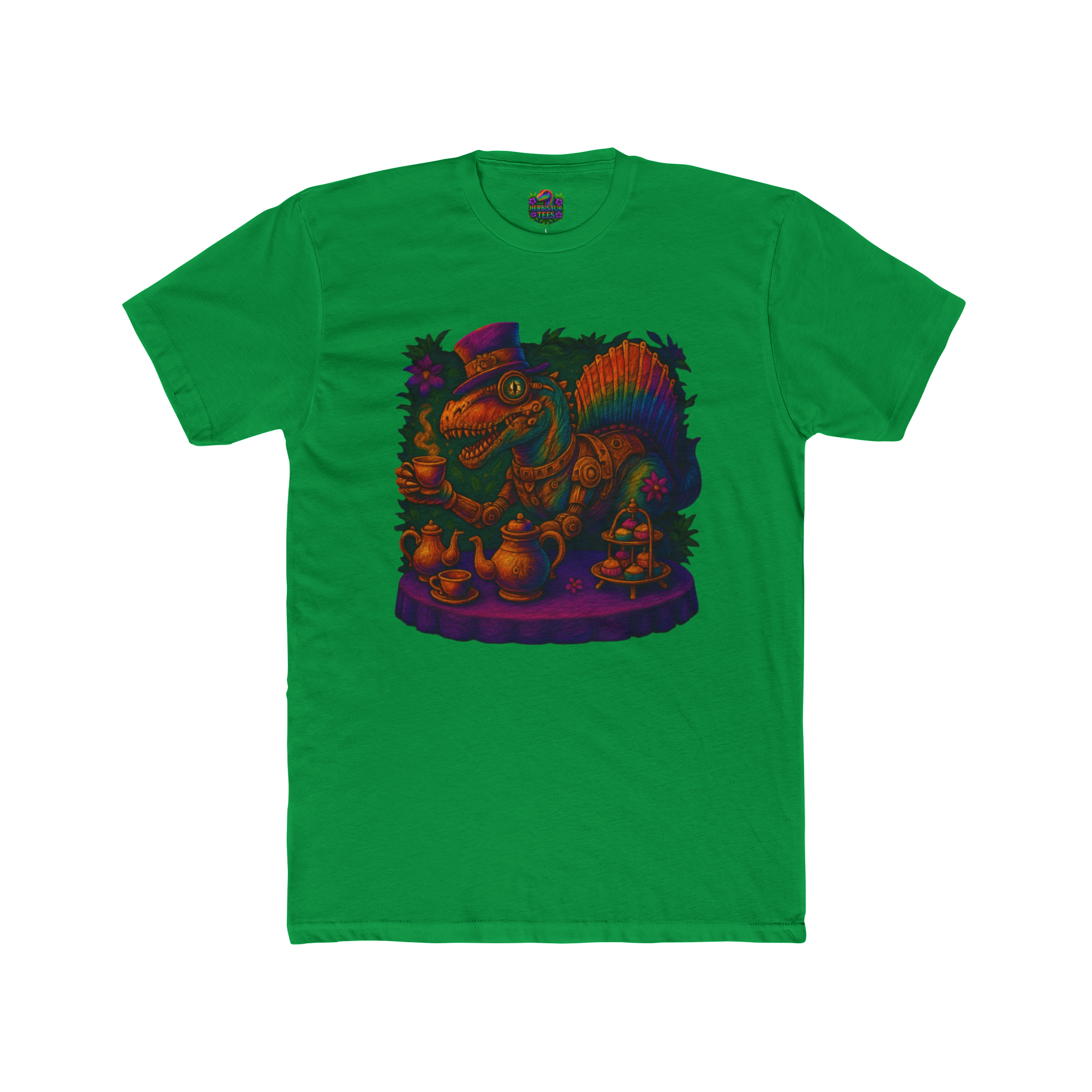 Rainbow Steampunk Spinosaurus Tea Party Tee | Next Level 3600 Unisex Cotton Tee