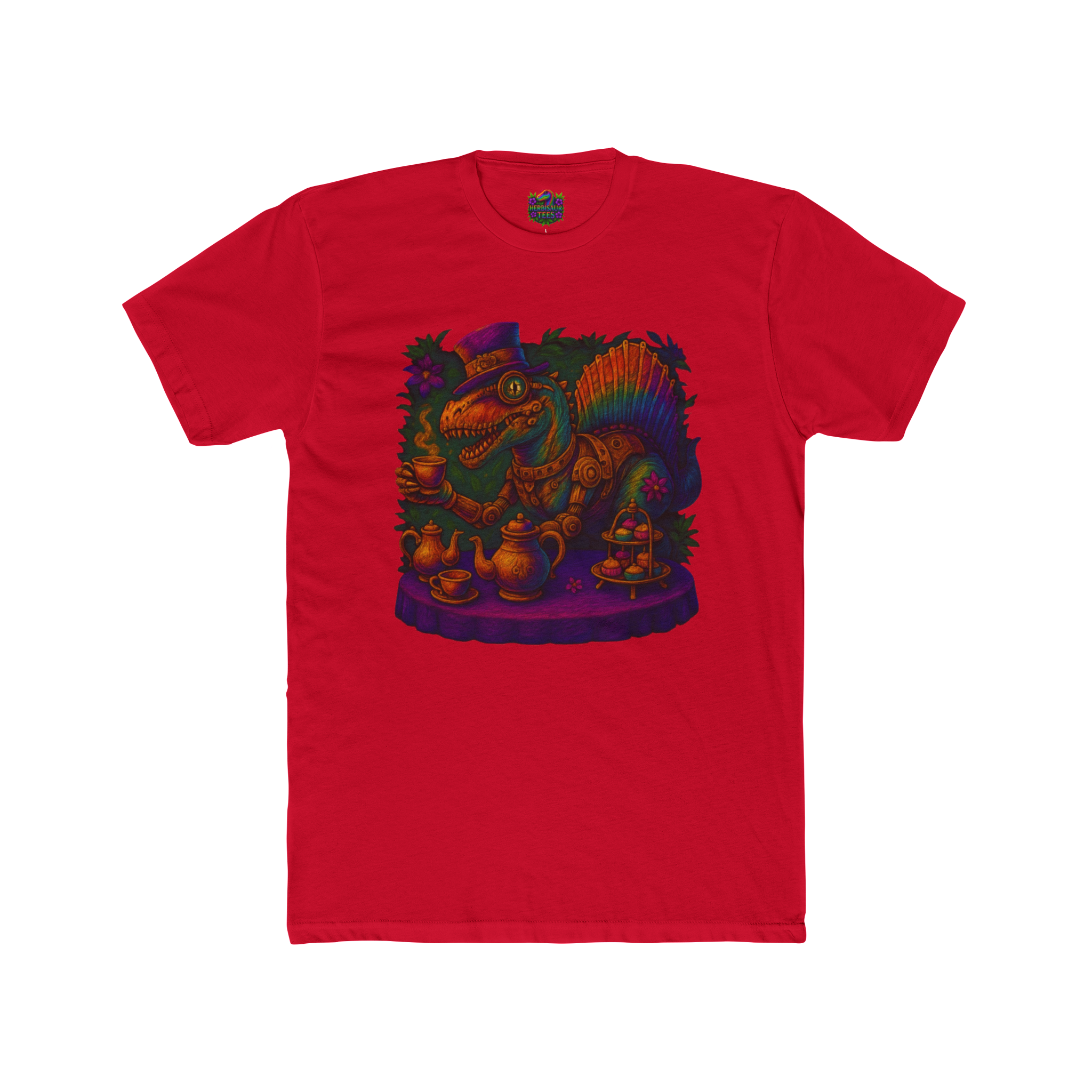 Rainbow Steampunk Spinosaurus Tea Party Tee | Next Level 3600 Unisex Cotton Tee