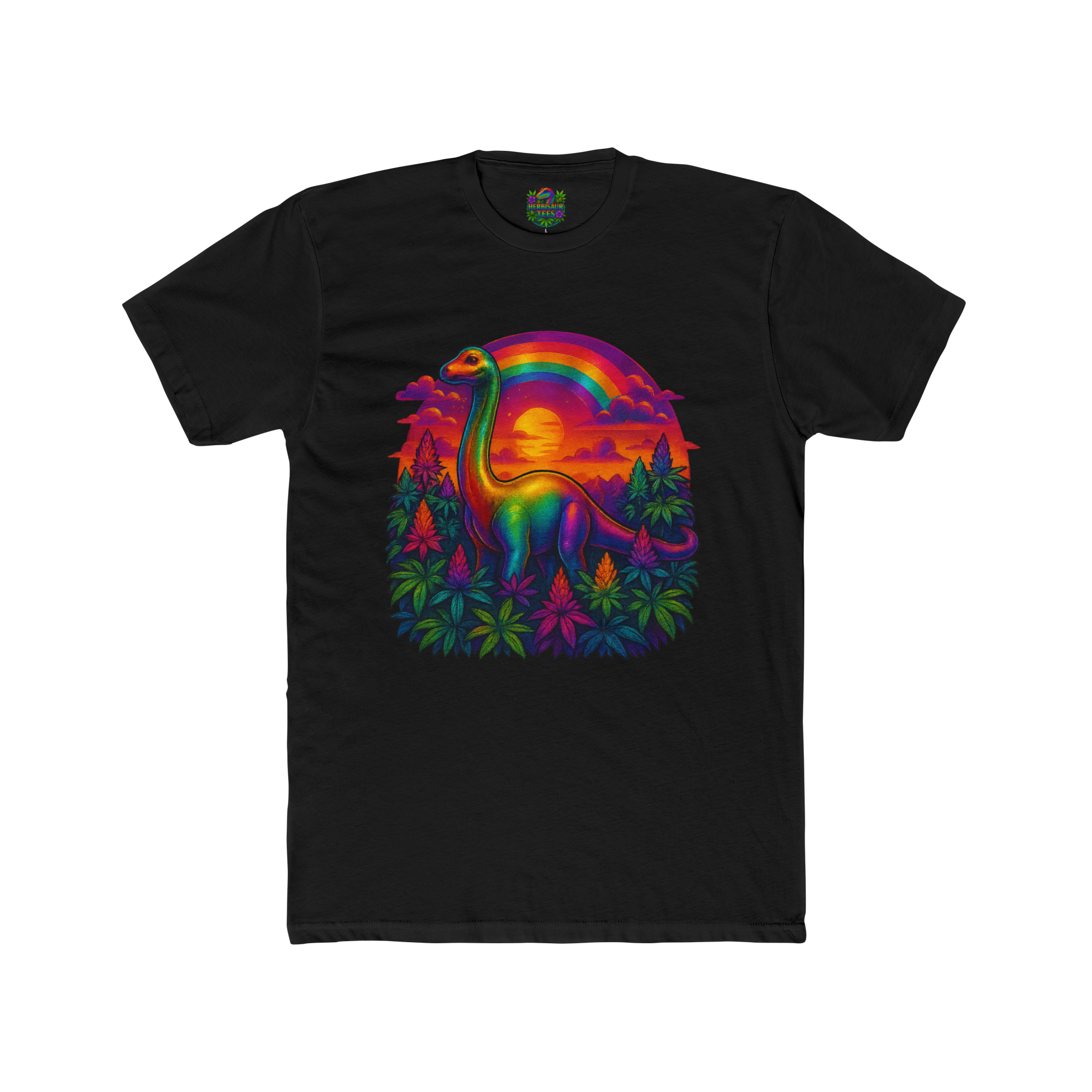 Rainbow Brachiosaurus Sunset 420 Tee | Next Level 3600 Unisex Cotton Tee (18+)