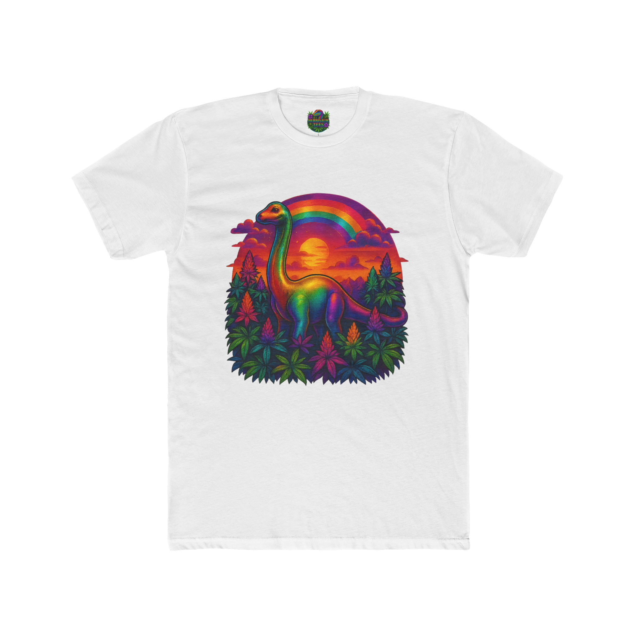 Rainbow Brachiosaurus Sunset 420 Tee | Next Level 3600 Unisex Cotton Tee (18+)