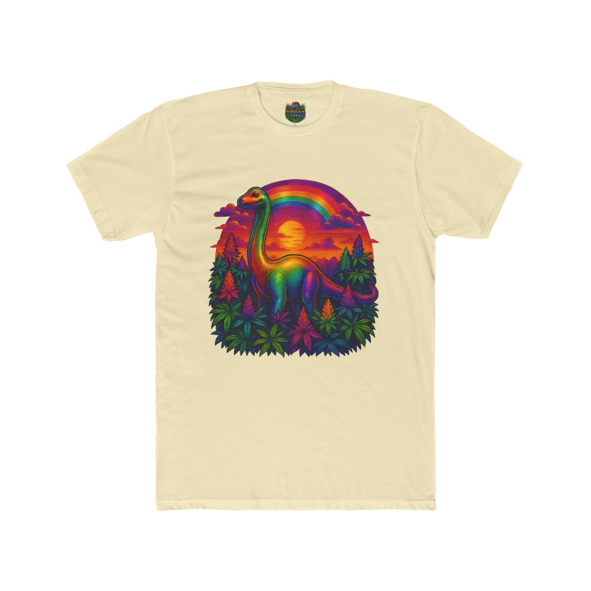Rainbow Brachiosaurus Sunset 420 Tee | Next Level 3600 Unisex Cotton Tee (18+)