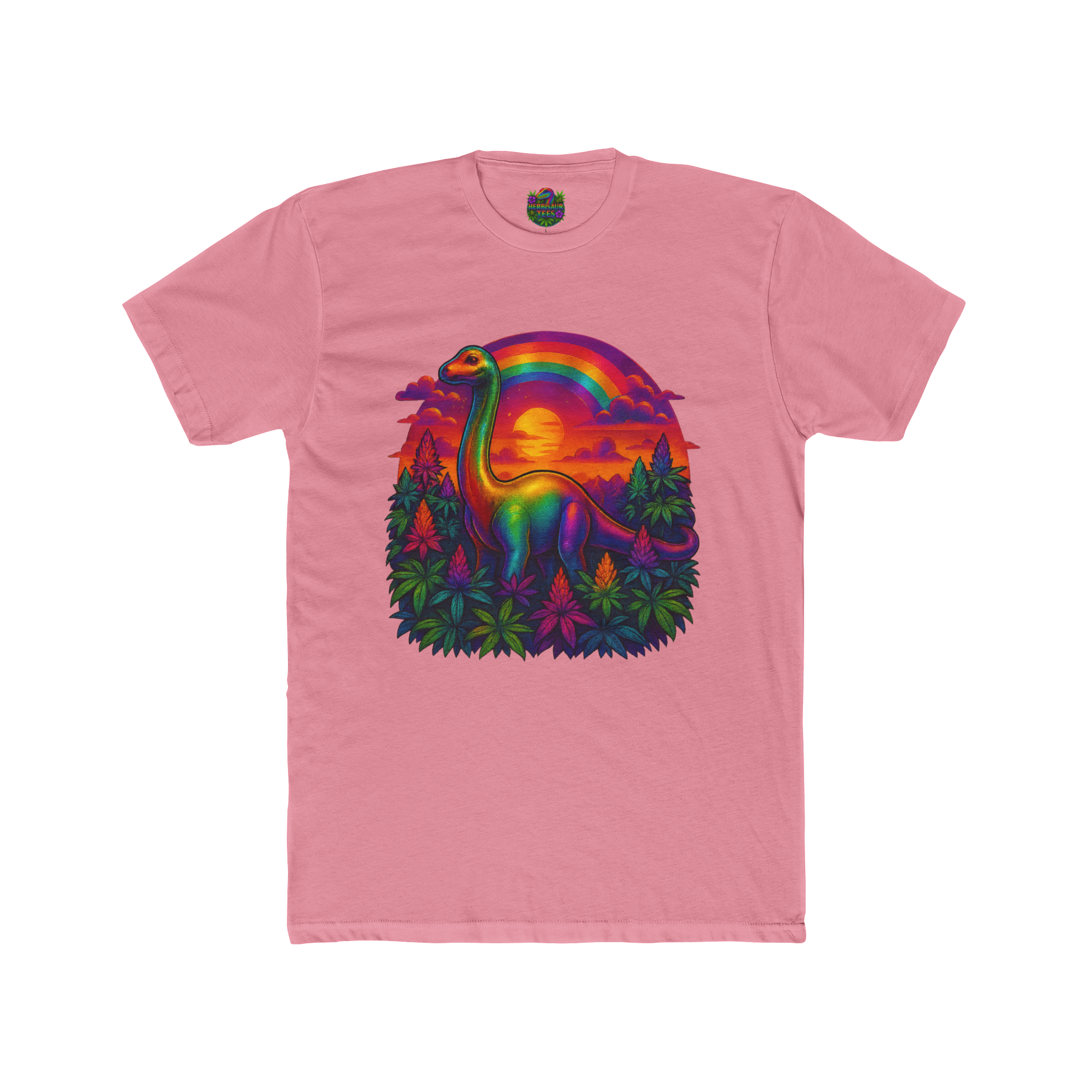 Rainbow Brachiosaurus Sunset 420 Tee | Next Level 3600 Unisex Cotton Tee (18+)