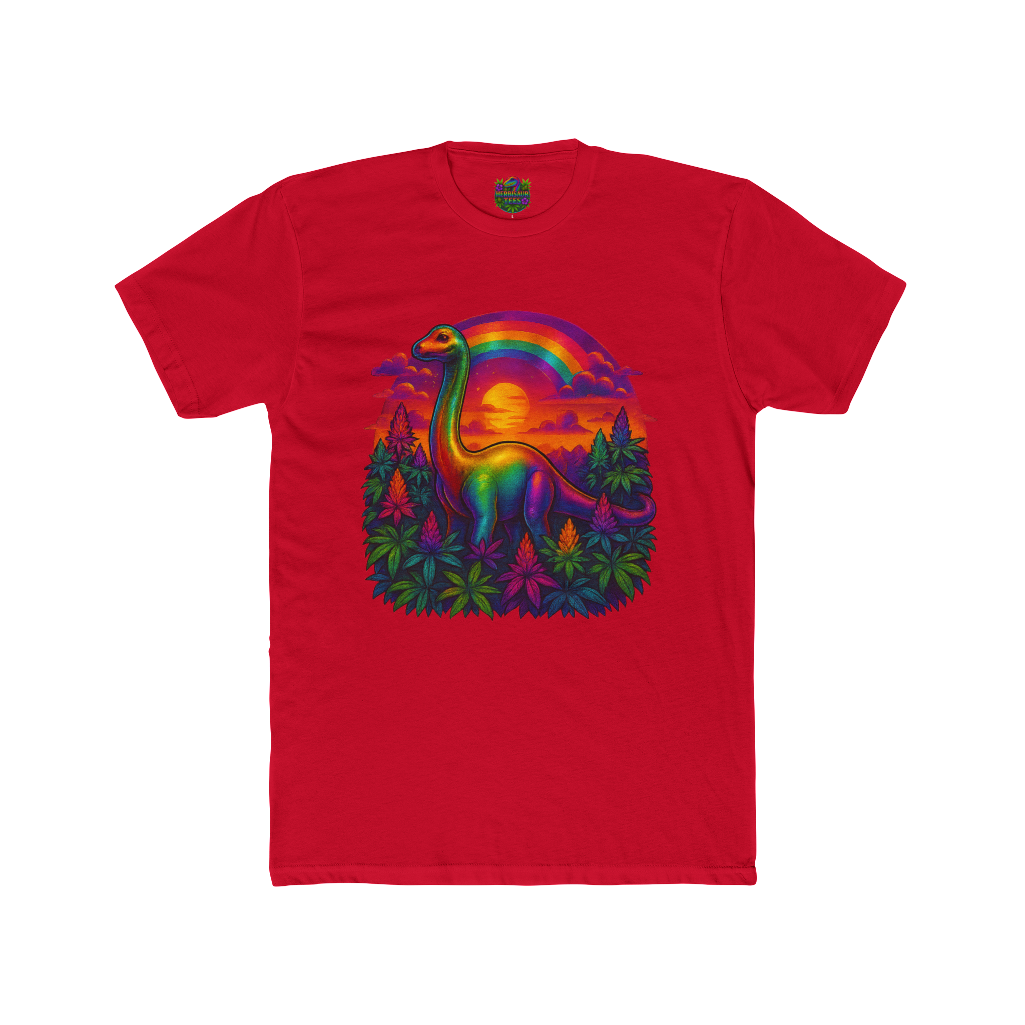 Rainbow Brachiosaurus Sunset 420 Tee | Next Level 3600 Unisex Cotton Tee (18+)