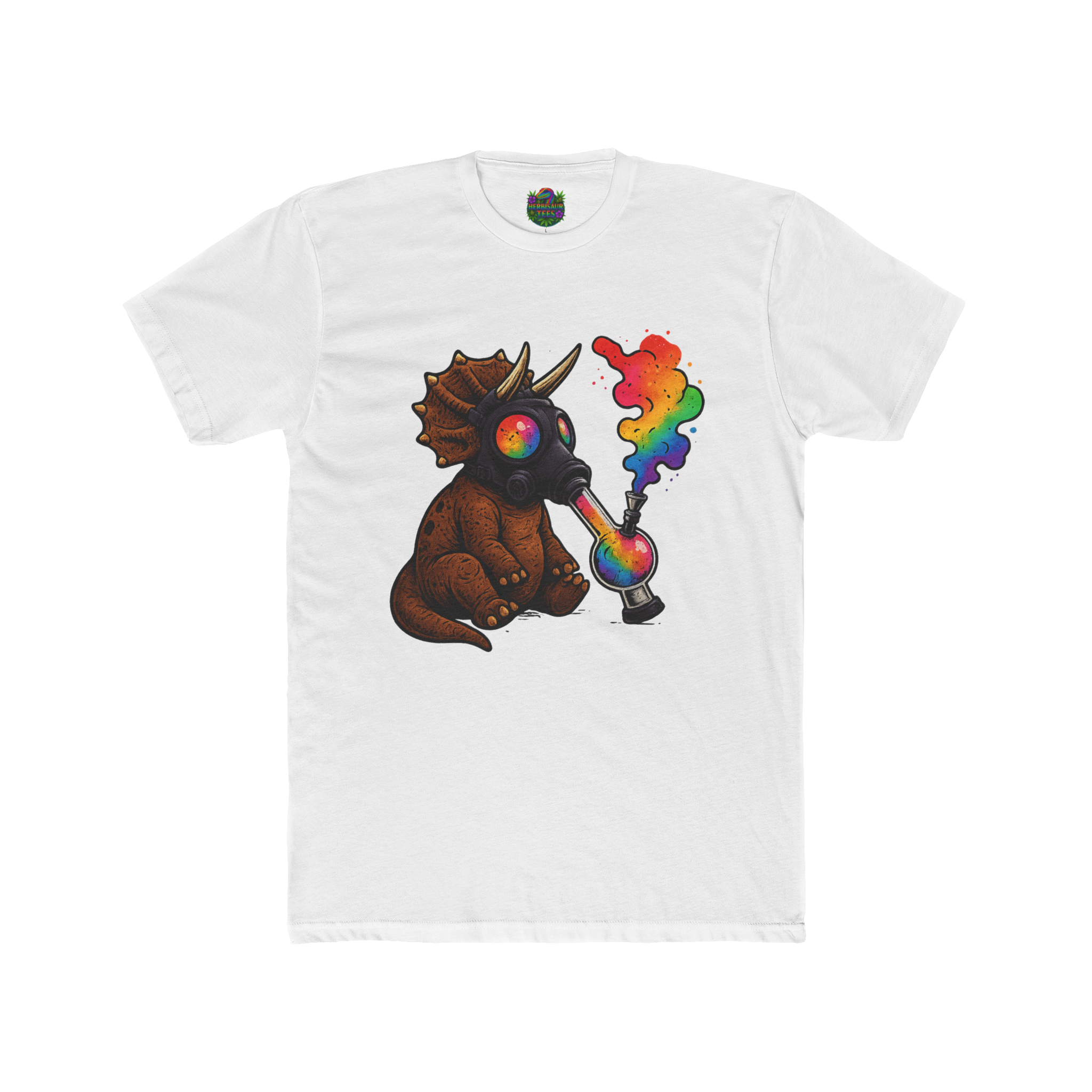 High Caution Rainbow Triceratops Gas Mask 420 Tee | Next Level 3600 Unisex Cotton Tee (18+)