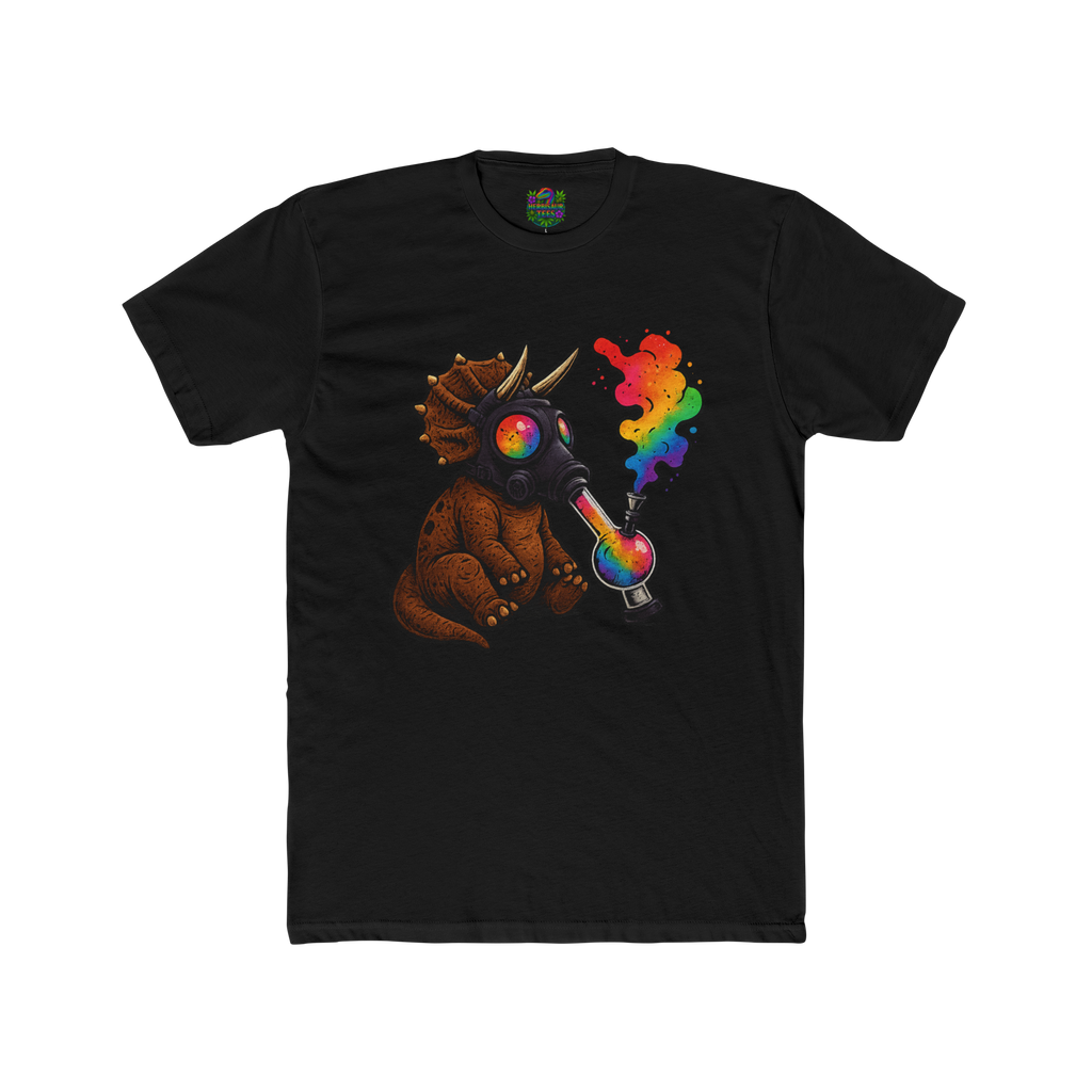 High Caution Rainbow Triceratops Gas Mask 420 Tee | Next Level 3600 Unisex Cotton Tee (18+)
