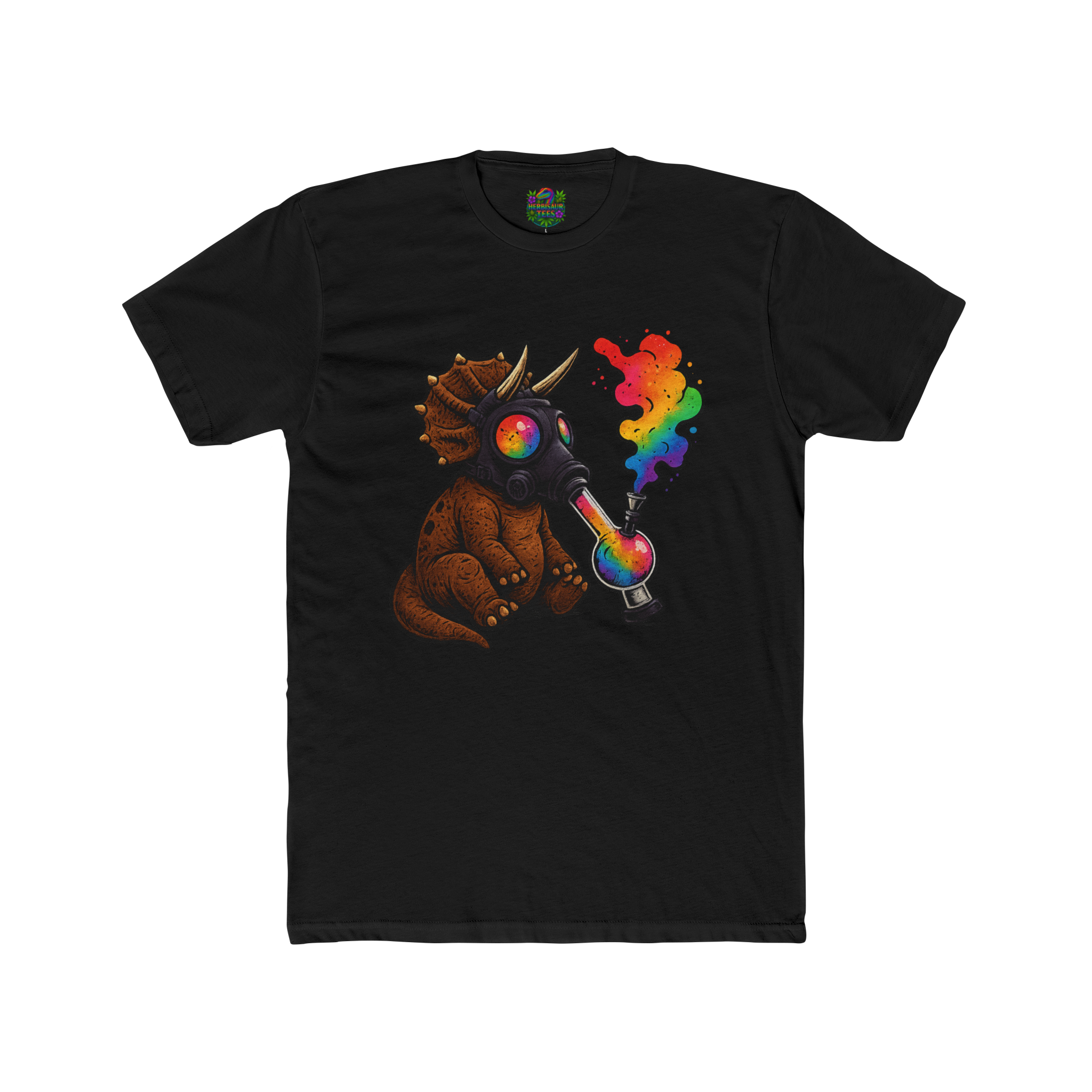 High Caution Rainbow Triceratops Gas Mask 420 Tee | Next Level 3600 Unisex Cotton Tee (18+)