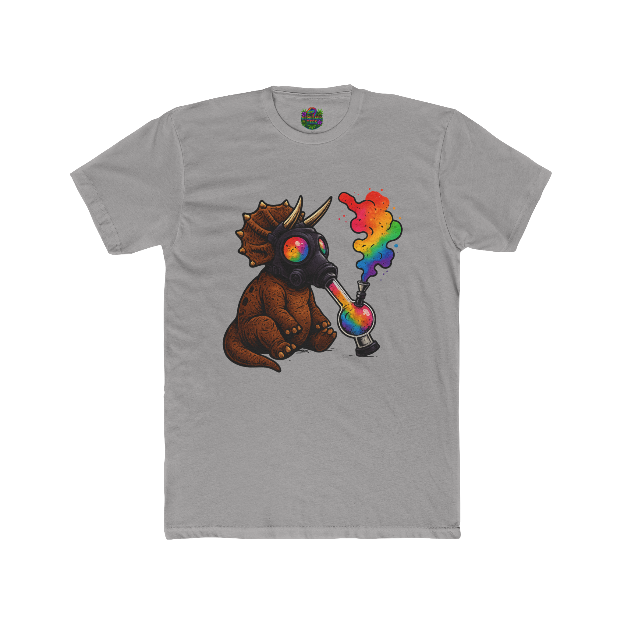 High Caution Rainbow Triceratops Gas Mask 420 Tee | Next Level 3600 Unisex Cotton Tee (18+)