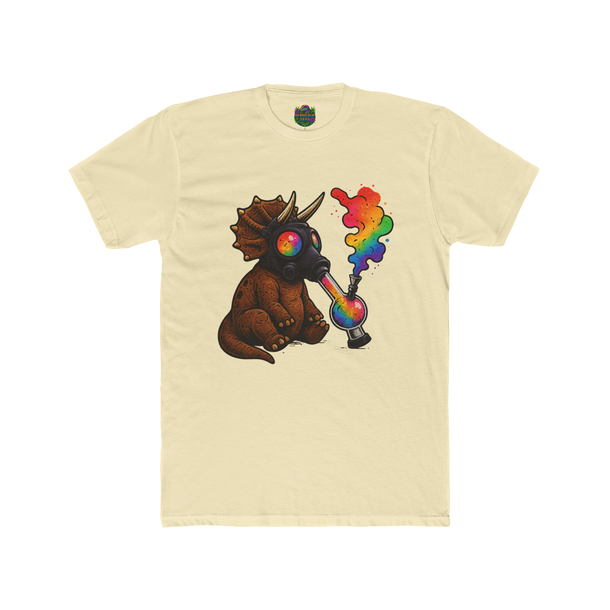 High Caution Rainbow Triceratops Gas Mask 420 Tee | Next Level 3600 Unisex Cotton Tee (18+)