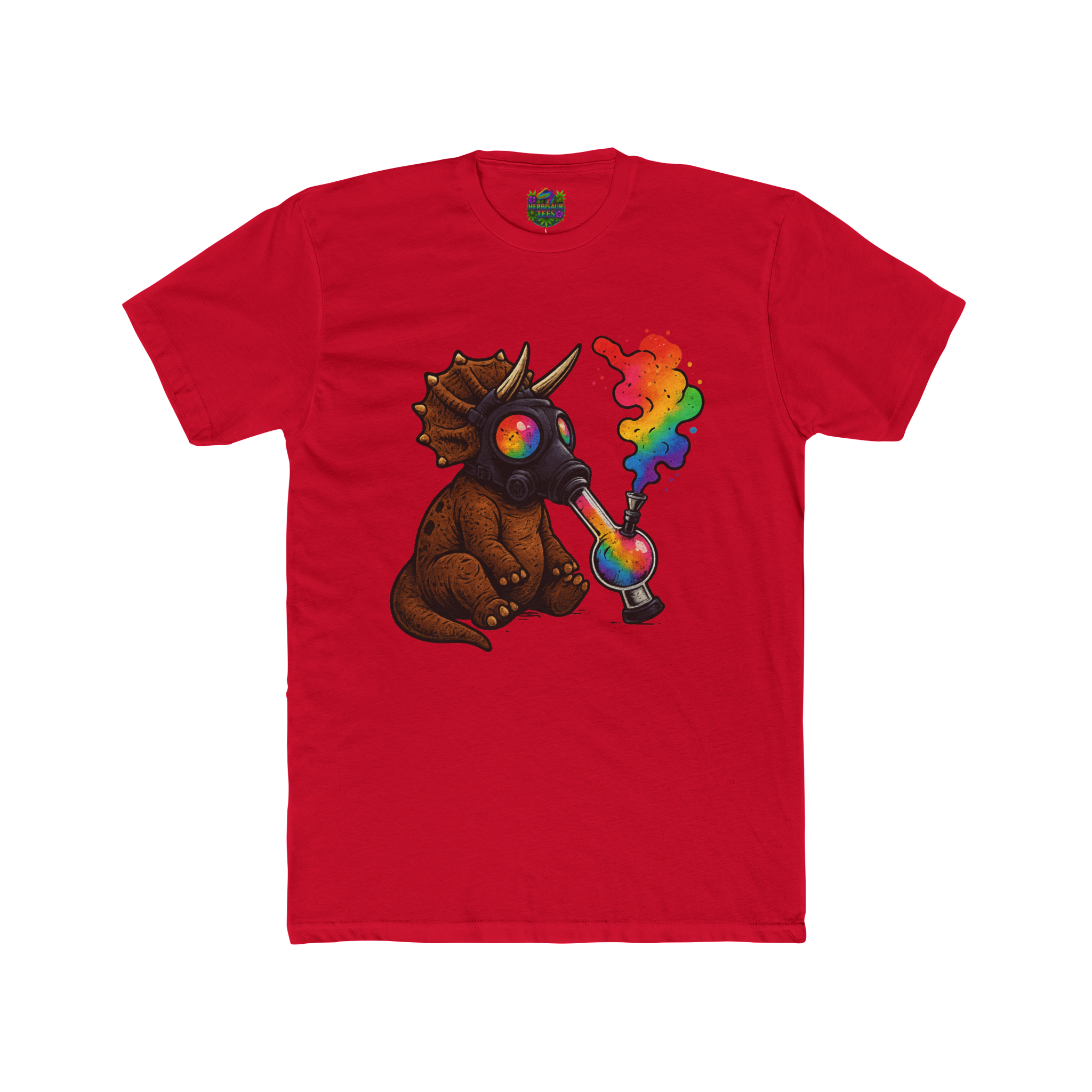 High Caution Rainbow Triceratops Gas Mask 420 Tee | Next Level 3600 Unisex Cotton Tee (18+)
