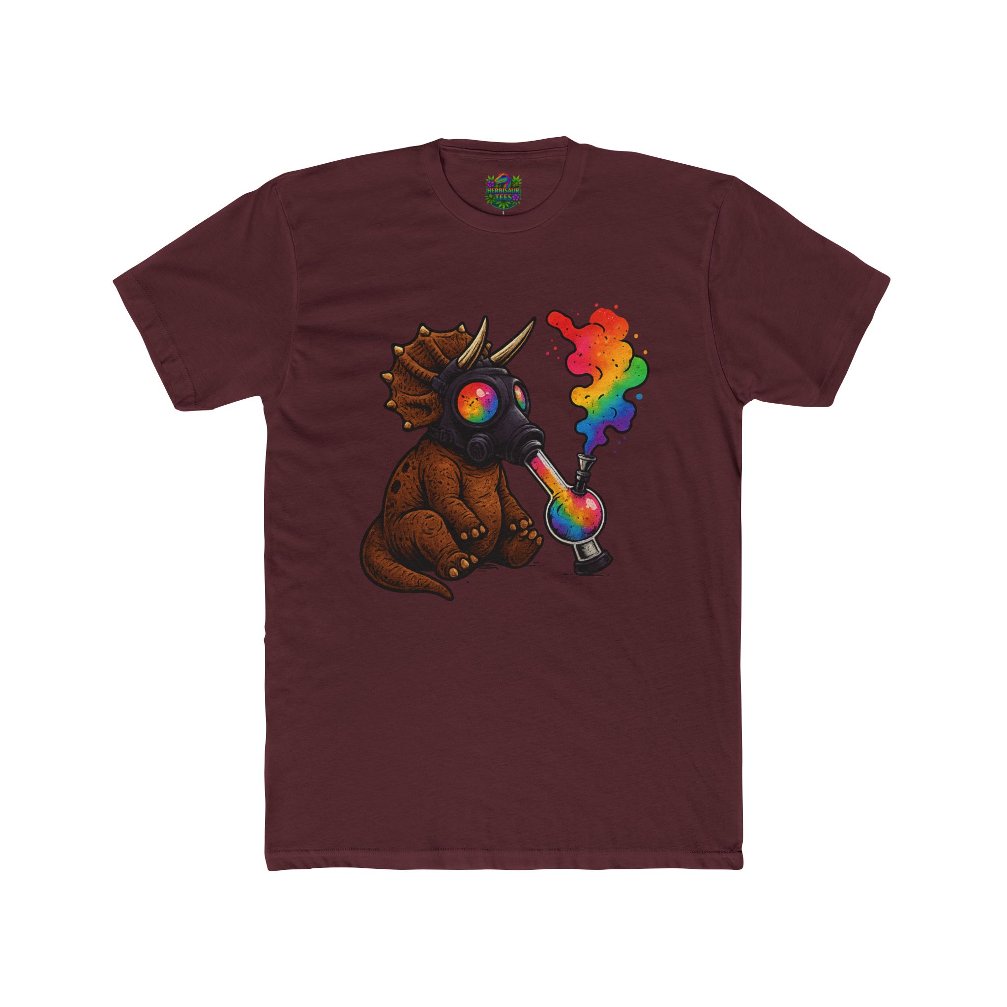 High Caution Rainbow Triceratops Gas Mask 420 Tee | Next Level 3600 Unisex Cotton Tee (18+)