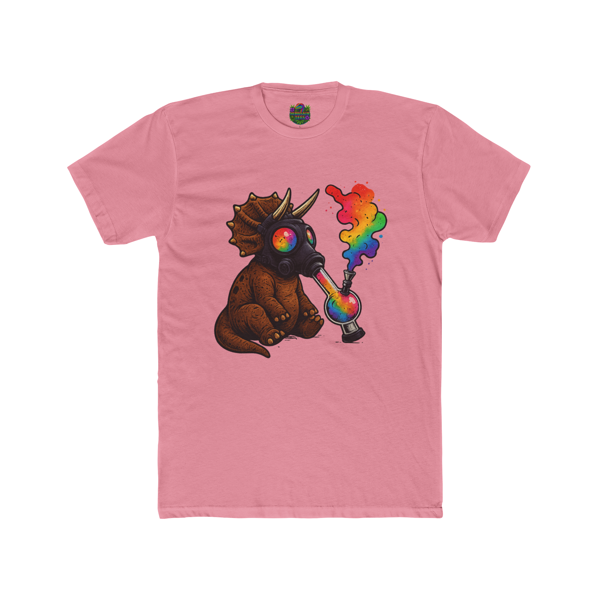 High Caution Rainbow Triceratops Gas Mask 420 Tee | Next Level 3600 Unisex Cotton Tee (18+)