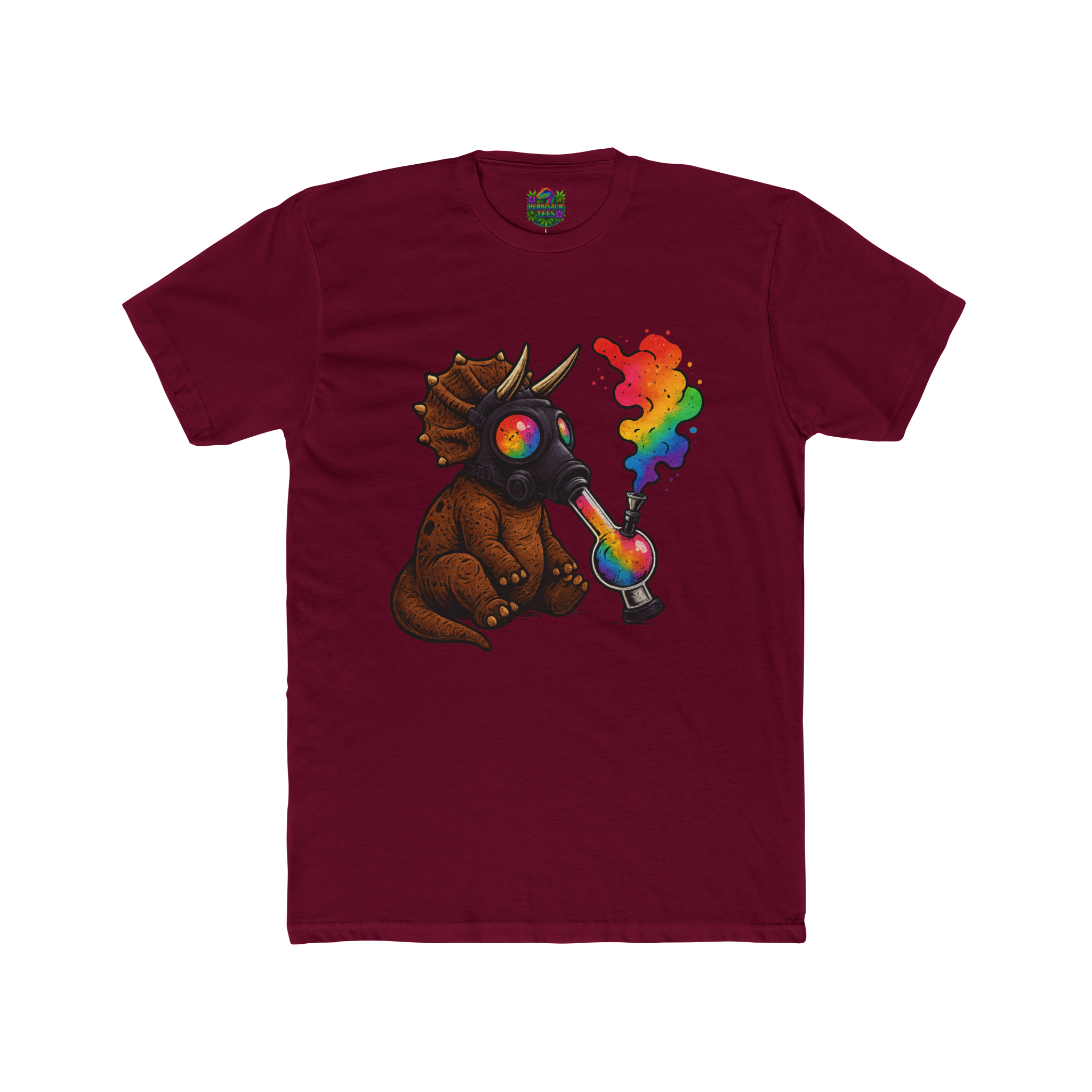 High Caution Rainbow Triceratops Gas Mask 420 Tee | Next Level 3600 Unisex Cotton Tee (18+)