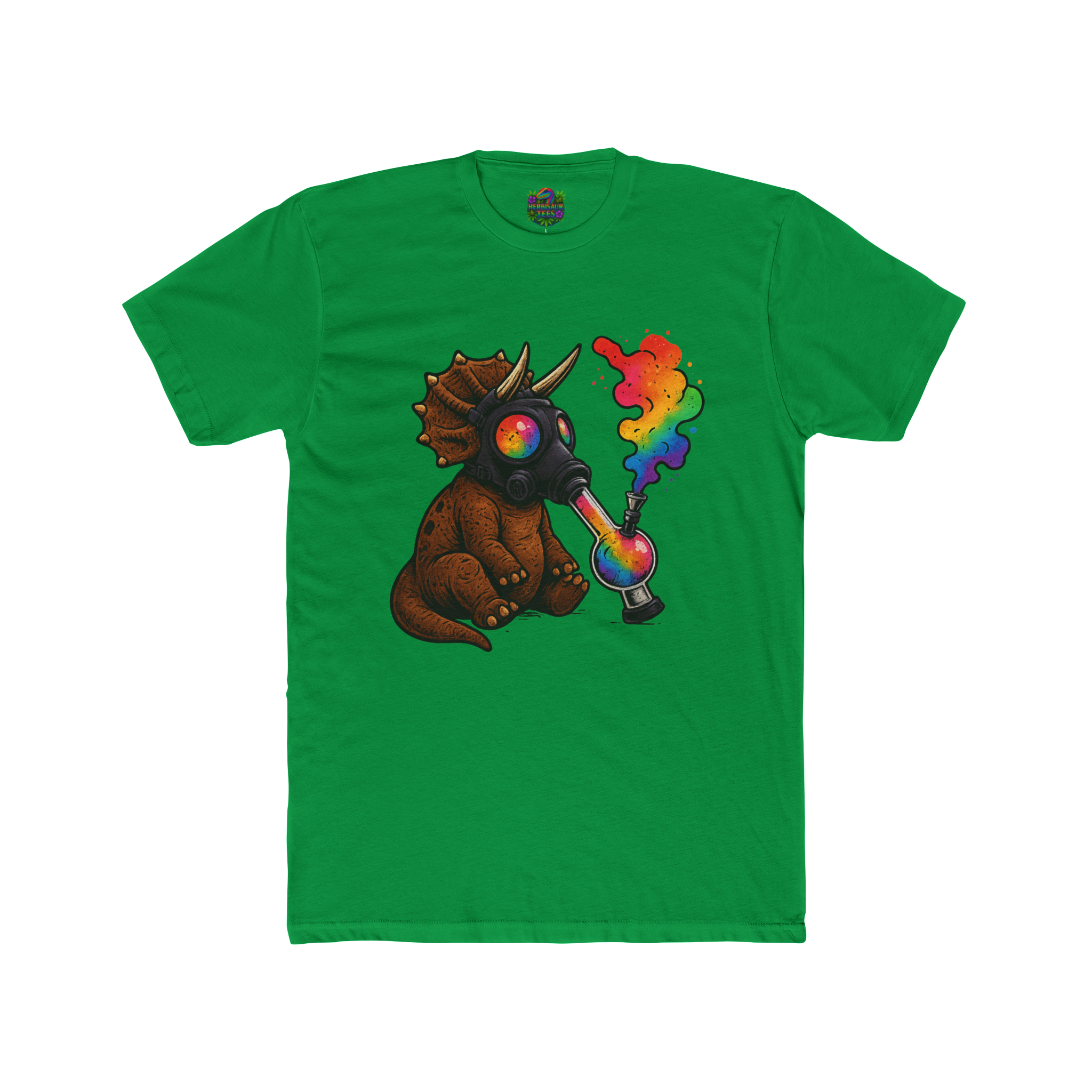 High Caution Rainbow Triceratops Gas Mask 420 Tee | Next Level 3600 Unisex Cotton Tee (18+)
