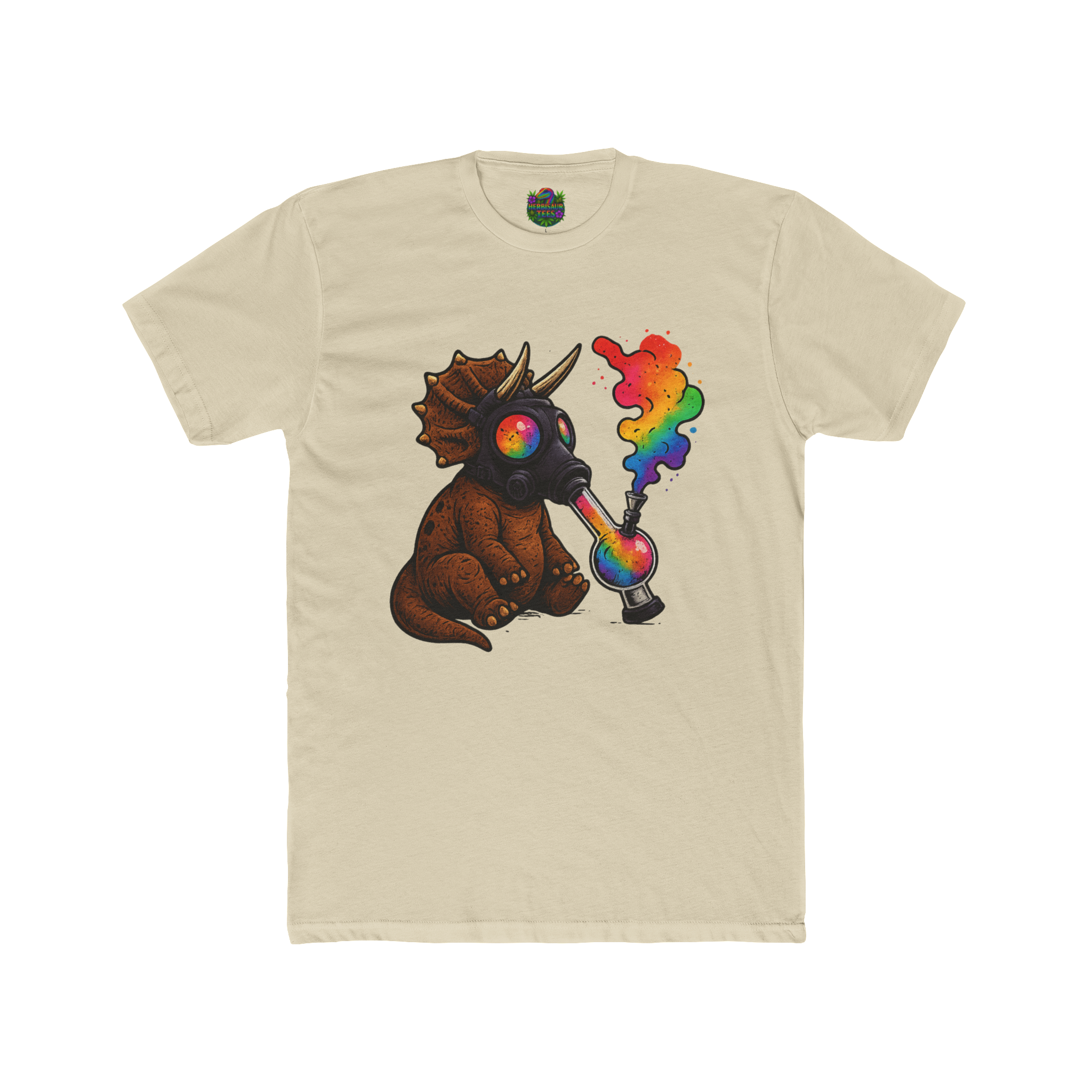 High Caution Rainbow Triceratops Gas Mask 420 Tee | Next Level 3600 Unisex Cotton Tee (18+)