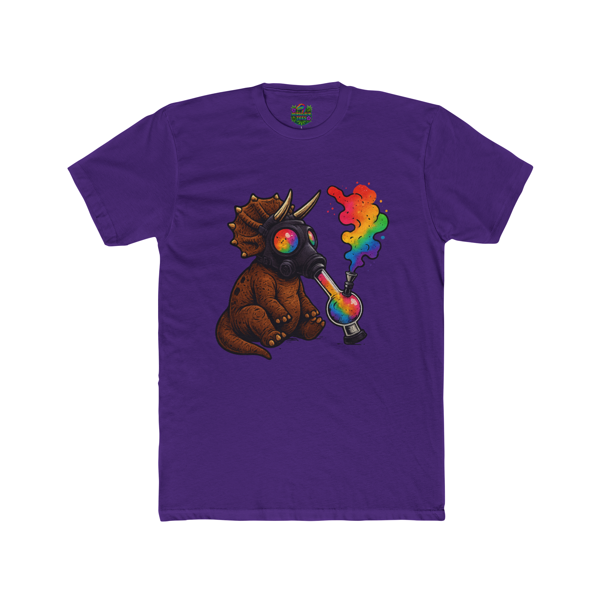 High Caution Rainbow Triceratops Gas Mask 420 Tee | Next Level 3600 Unisex Cotton Tee (18+)