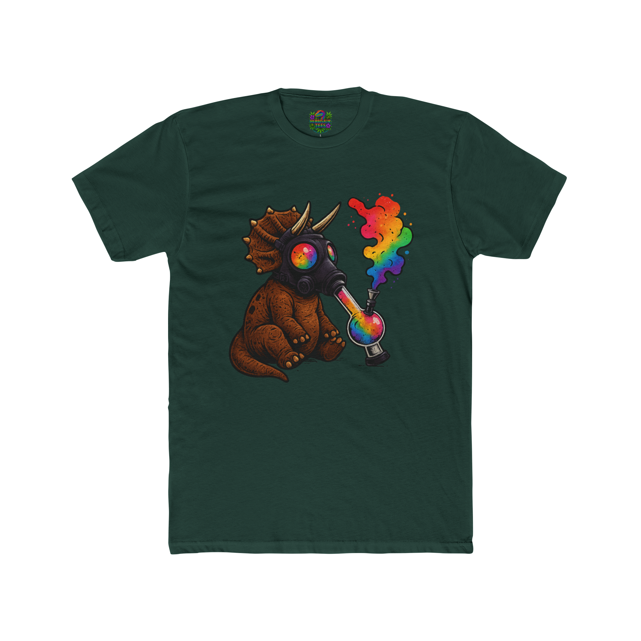 High Caution Rainbow Triceratops Gas Mask 420 Tee | Next Level 3600 Unisex Cotton Tee (18+)