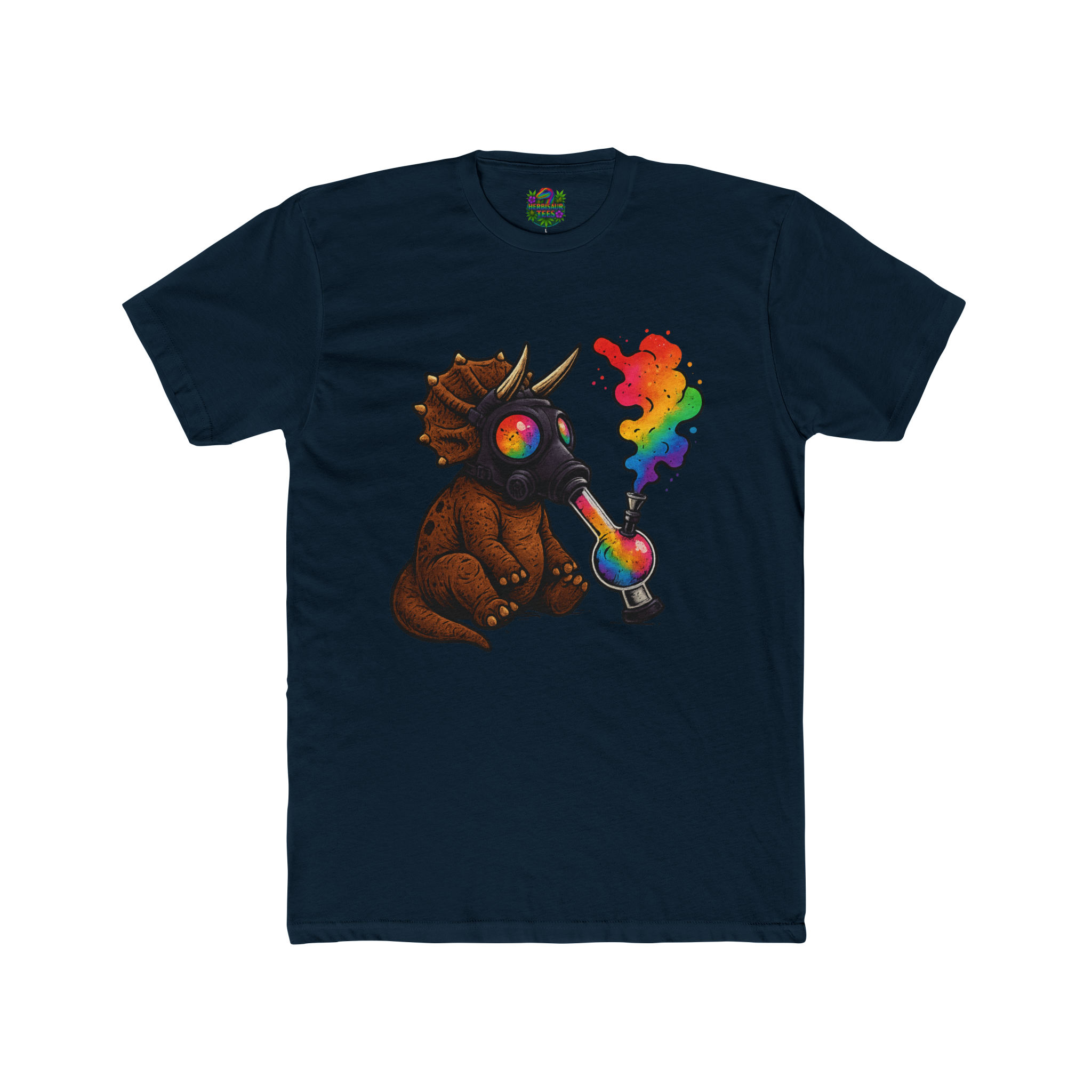 High Caution Rainbow Triceratops Gas Mask 420 Tee | Next Level 3600 Unisex Cotton Tee (18+)