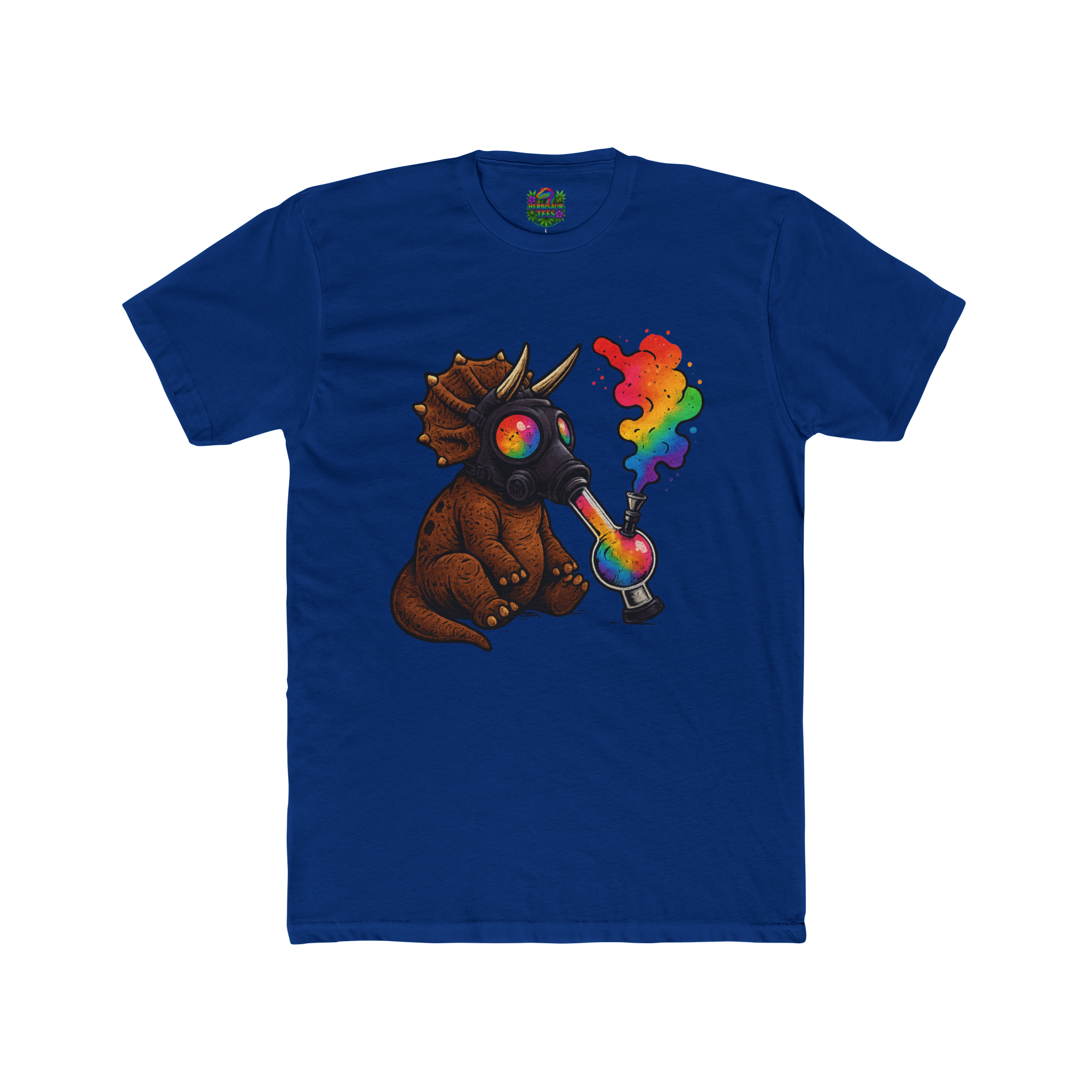 High Caution Rainbow Triceratops Gas Mask 420 Tee | Next Level 3600 Unisex Cotton Tee (18+)