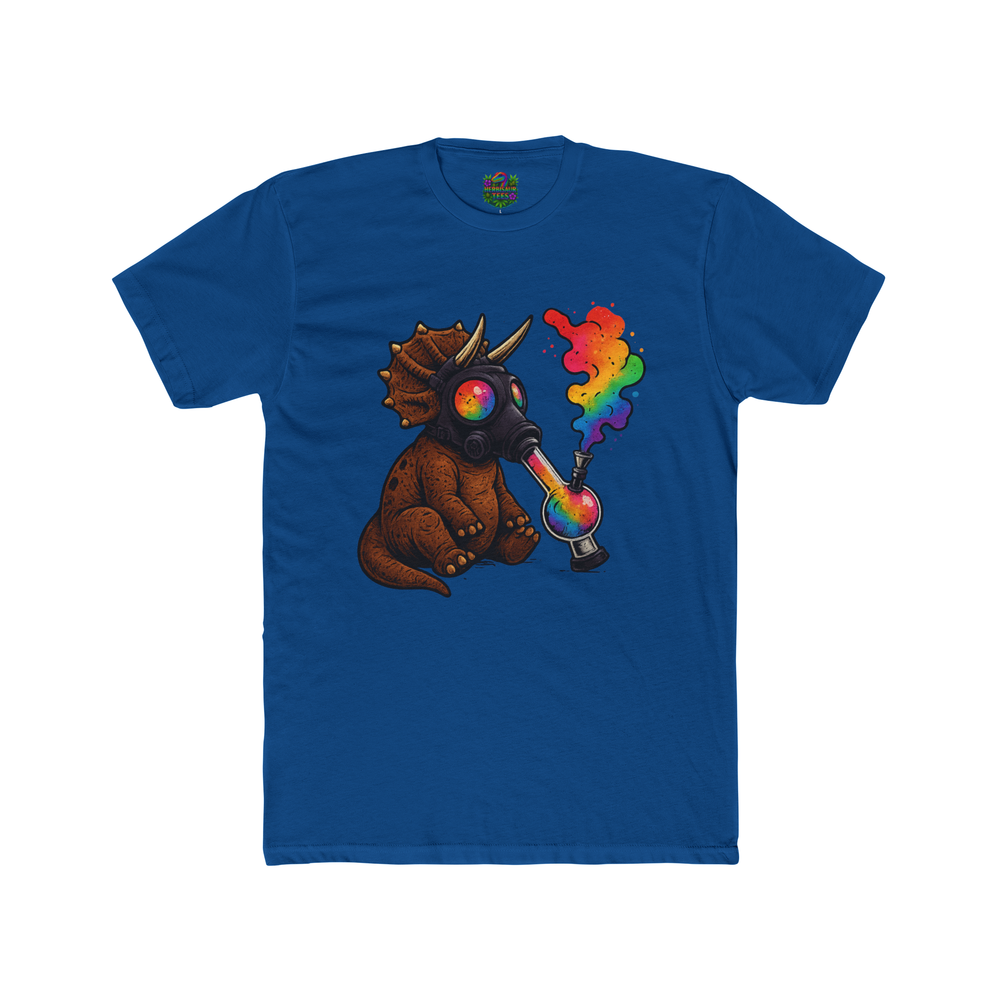 High Caution Rainbow Triceratops Gas Mask 420 Tee | Next Level 3600 Unisex Cotton Tee (18+)